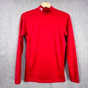 Under Armour Mens Coldgear Compression Fleece Lined Mockneck Shirt Sz L Logo Red